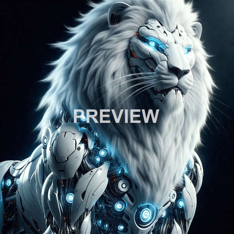 A highly detailed and futuristic depiction of a lion with a hybrid appearance of biological features and advanced robotic technology, including glowing blue lights and metallic components integrated into its face and mane.